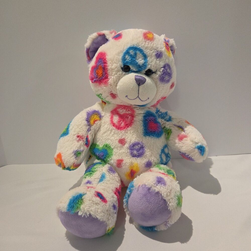 Build A Bear Rainbow Hearts Peace Sign Teddy Bear Soft Plush Toy Multicoloured